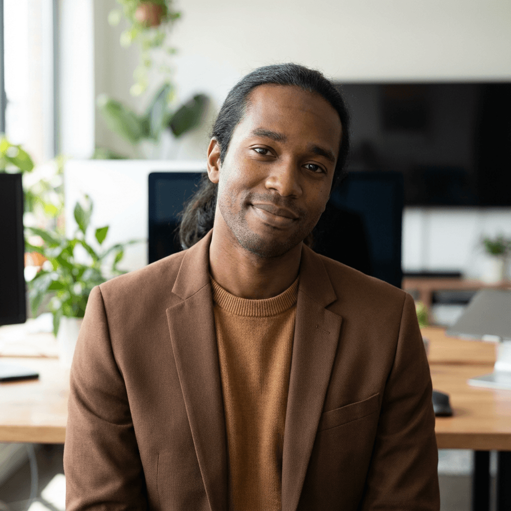 David Okafor, office manager, in a modern office setting