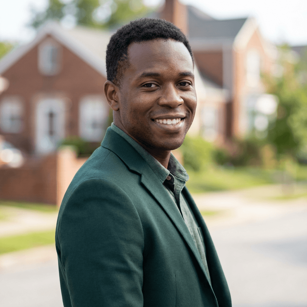 Male property manager in his 30s, Black, in a business shirt