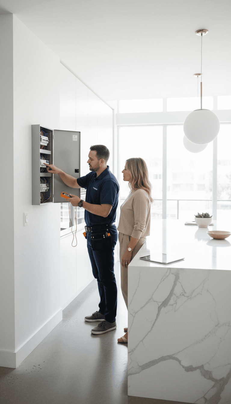 Electrician walking a homeowner through the work at an electrical panel