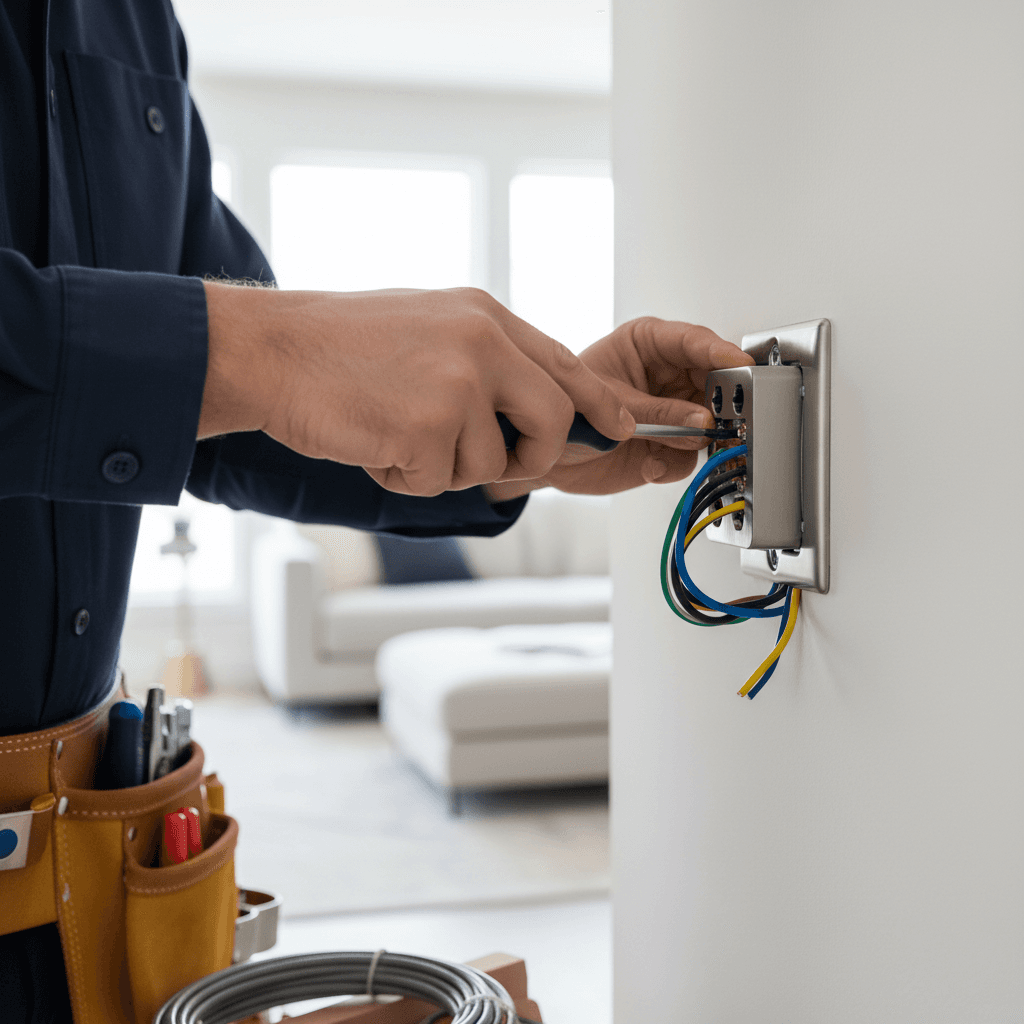 Professional electrician wiring outlets in a home