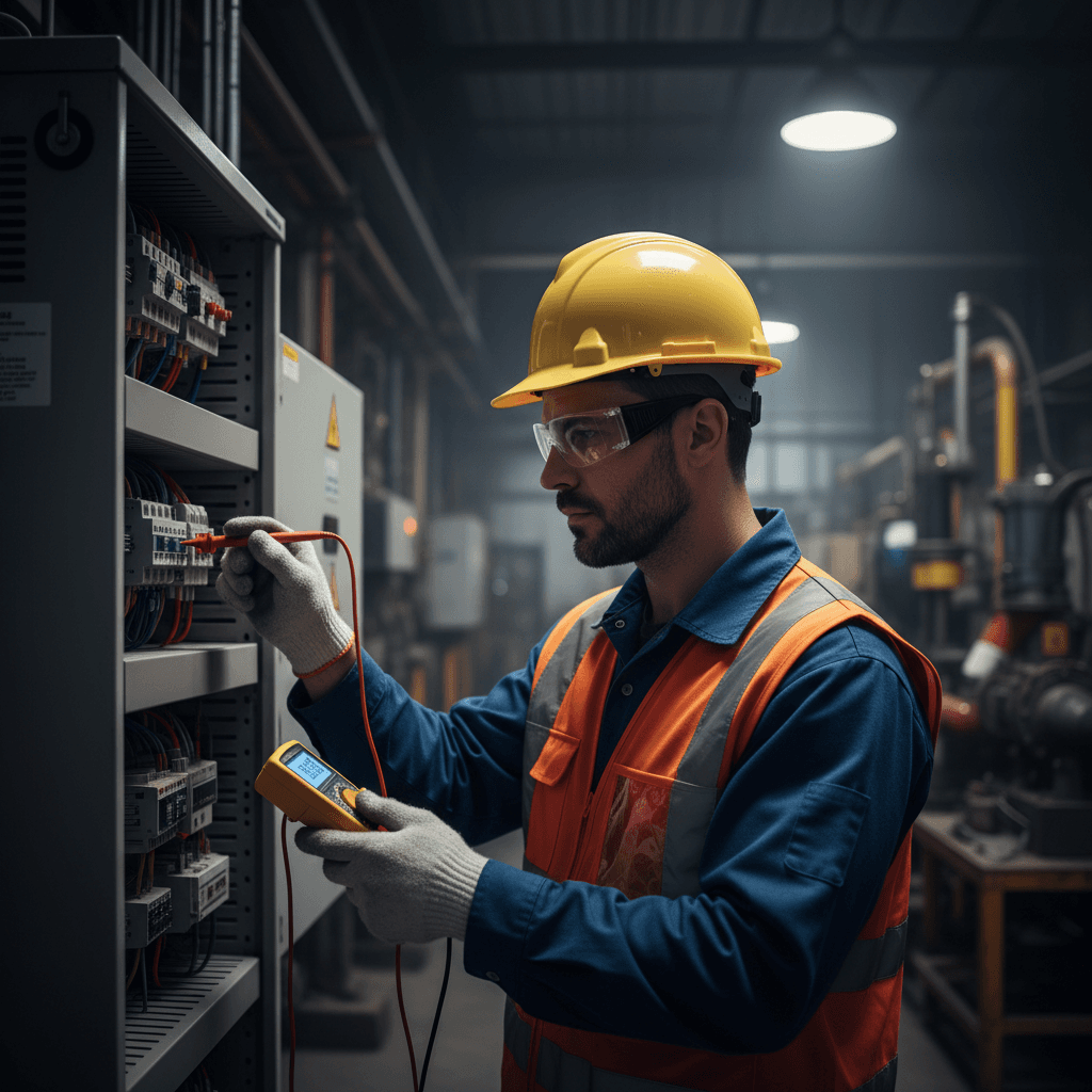 Electrician testing electrical connections in an office