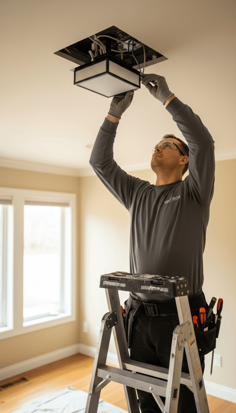 Electrician installing a modern ceiling light fixture